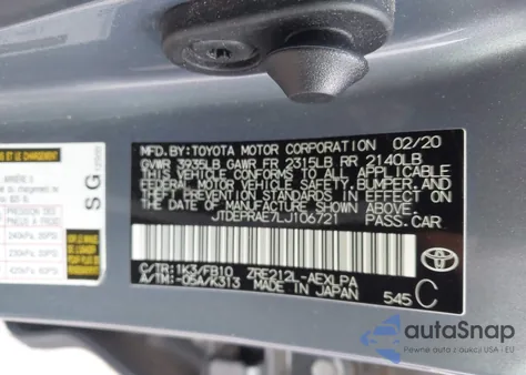 2020 Toyota Corolla Le from USA, damaged, VIN JTDEPRAE7LJ106721